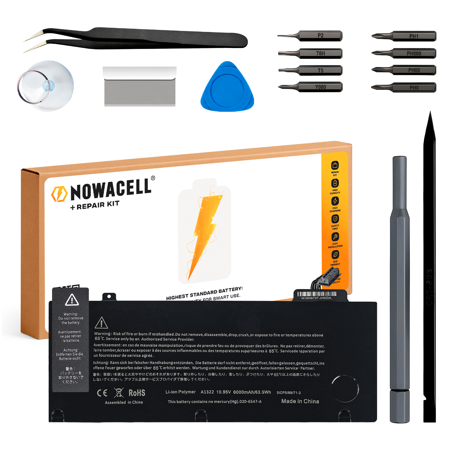 Bateria A1322 do MacBook Pro 13 A1278 2009-2012 63,5 Wh 10,95 V 6000 mAh