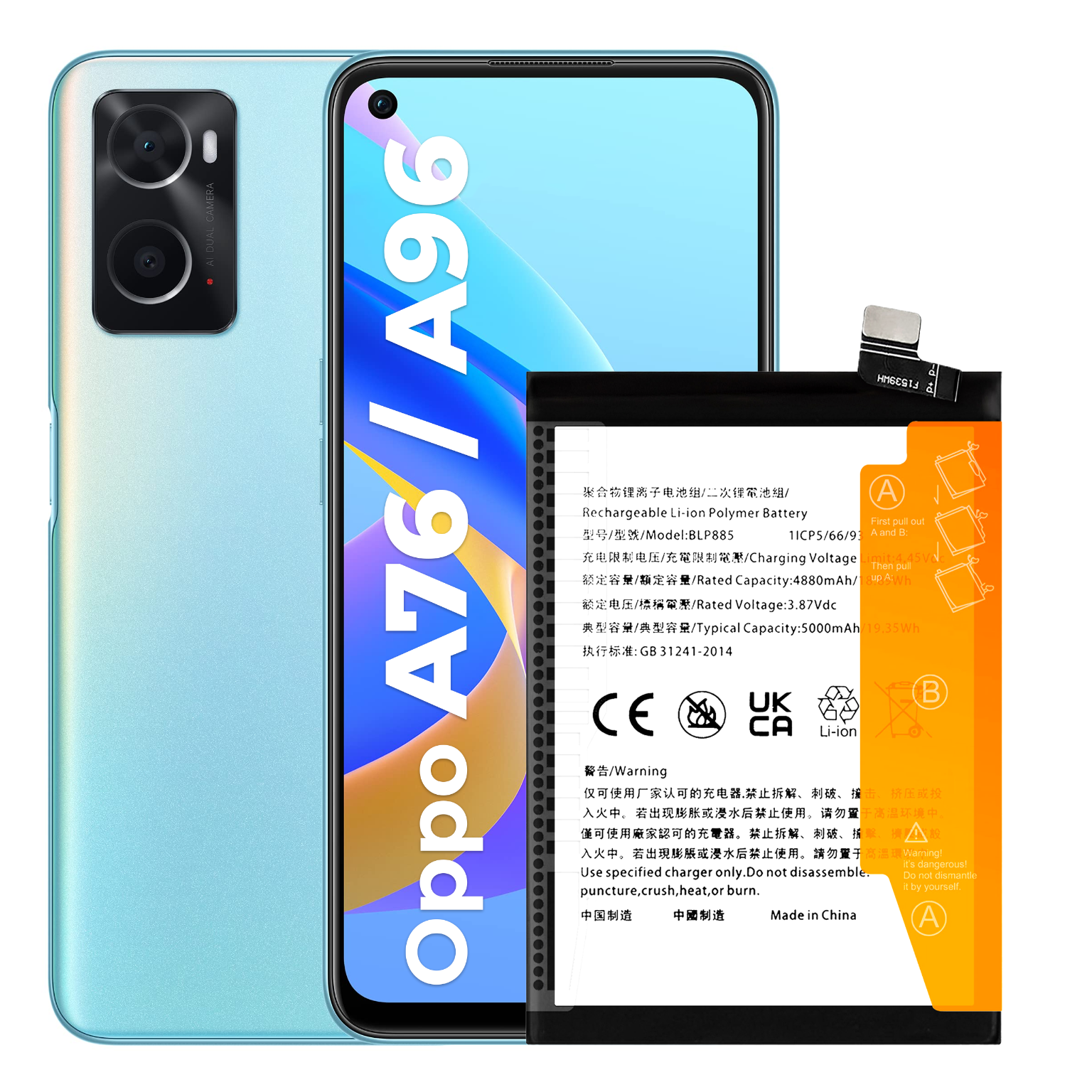 Zestaw Bateria BLP885 do Oppo A76, A96, 5000 mAh, Akumulator NOWACELL Nowy
