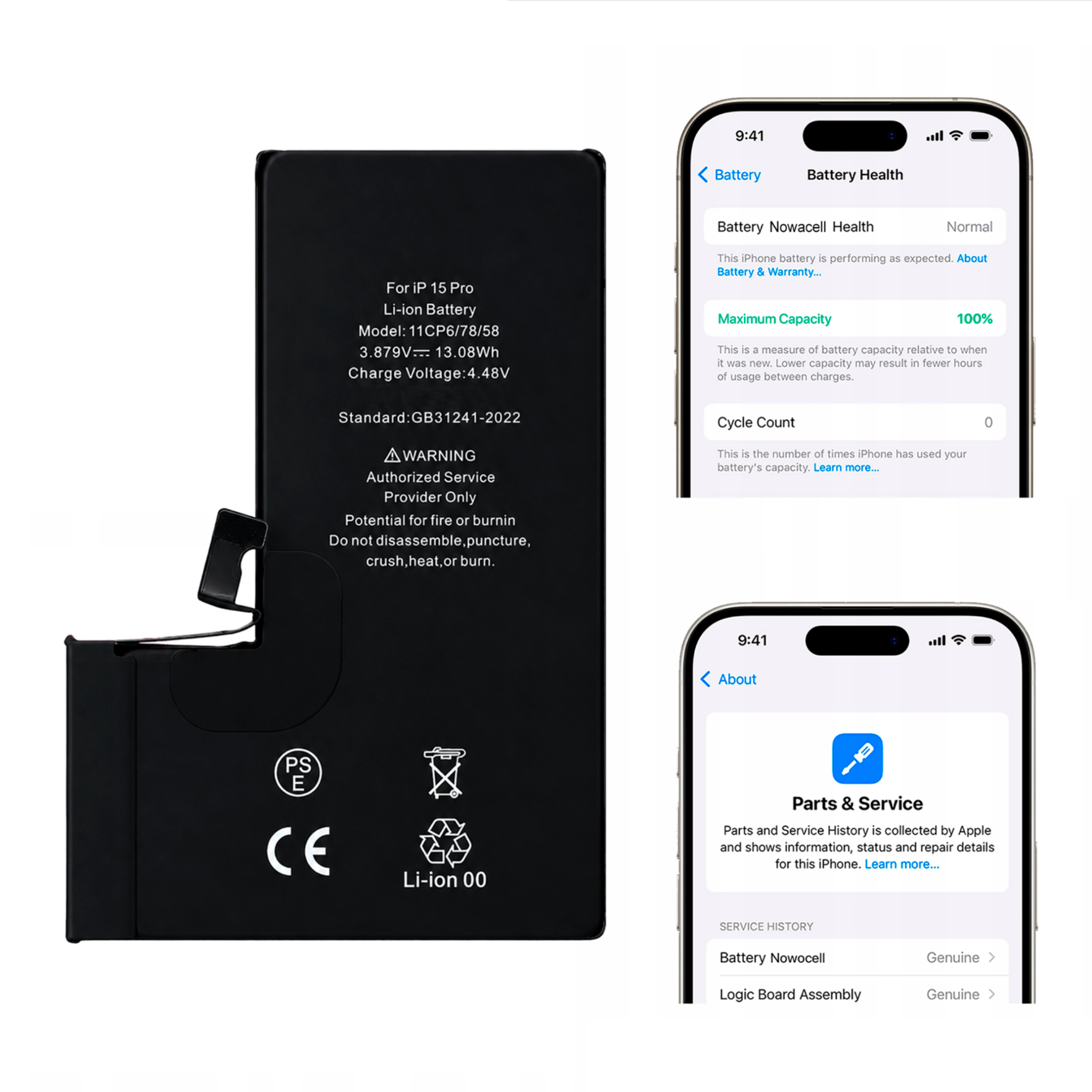 Bateria do iPhone 15 Pro 3370 mAh BEZ KOMUNIKATU Większa pojemność NOWACELL