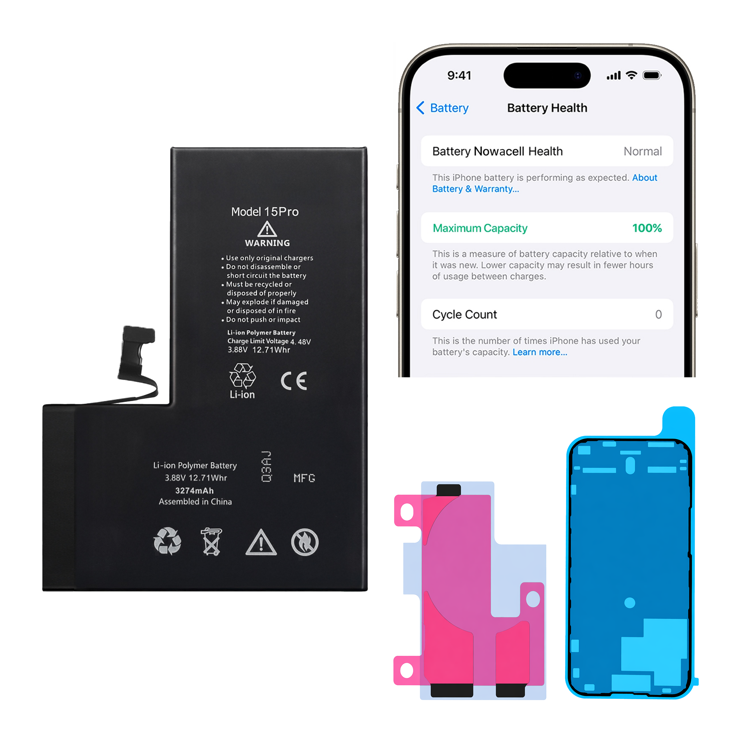Bateria + Uszczelka do iPhone 15 Pro BEZ KOMUNIKATU 3274 mAh Akumulator