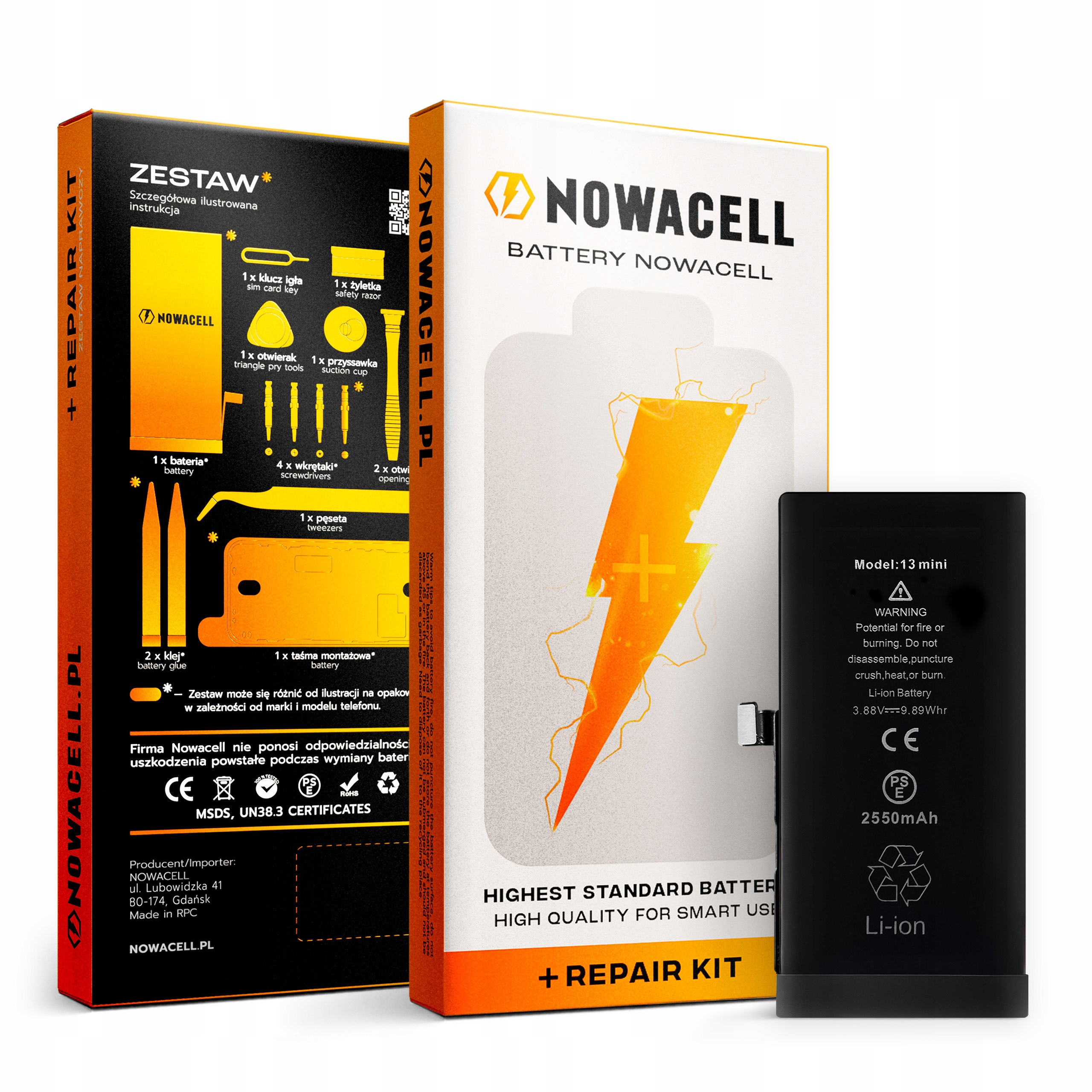 Bateria do iPhone 13 Mini Większa Pojemność 2550 mAh Zestaw NOWACELL