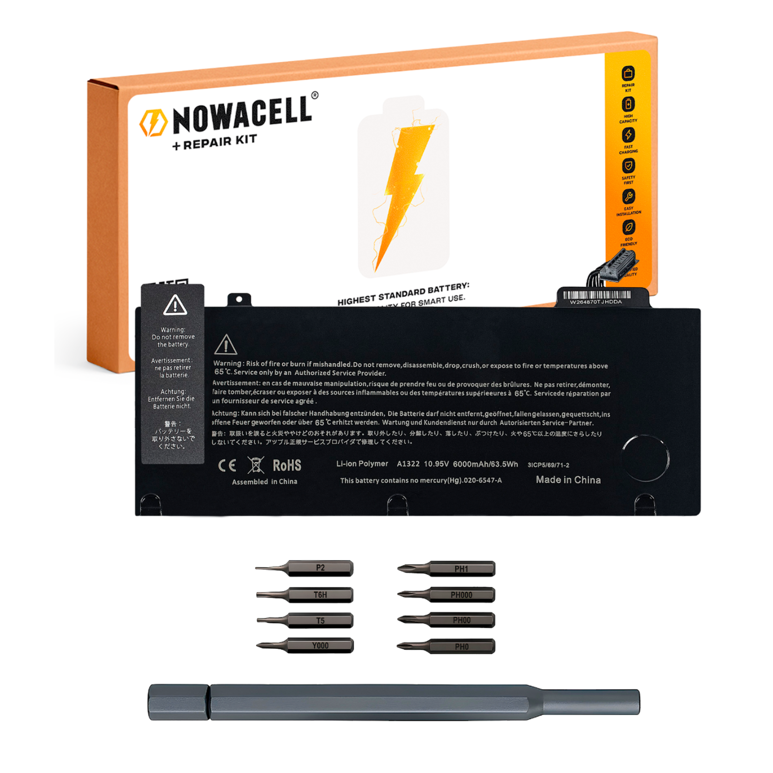 Bateria A1322 do MacBook Pro 13 A1278 2009-2012 63,5 Wh 10,95 V 6000 mAh