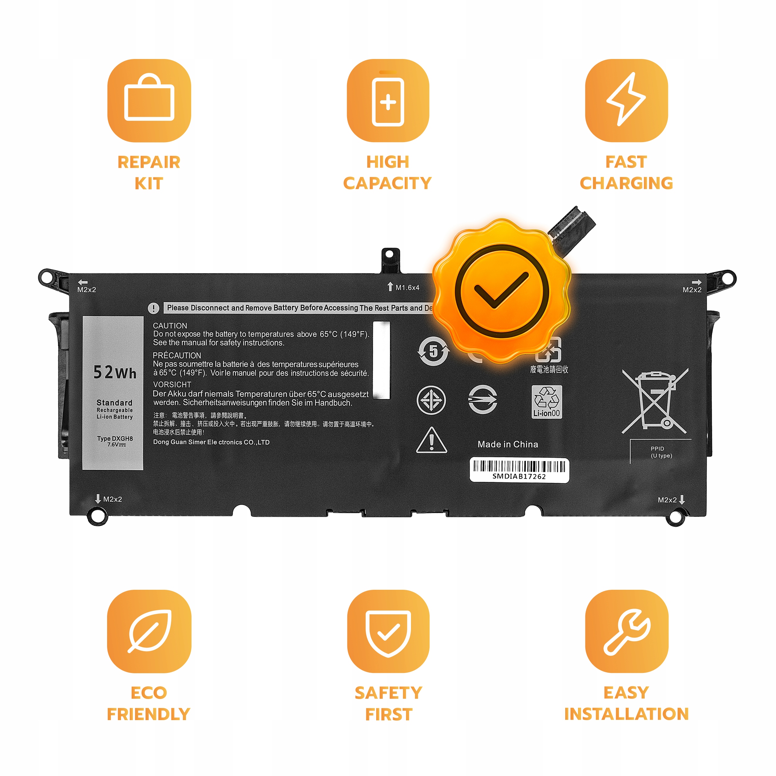 Bateria DXGH8 do Dell XPS 13 9370 Inspiron 13 5390 Vostro 13 5390 7.6V 52Wh