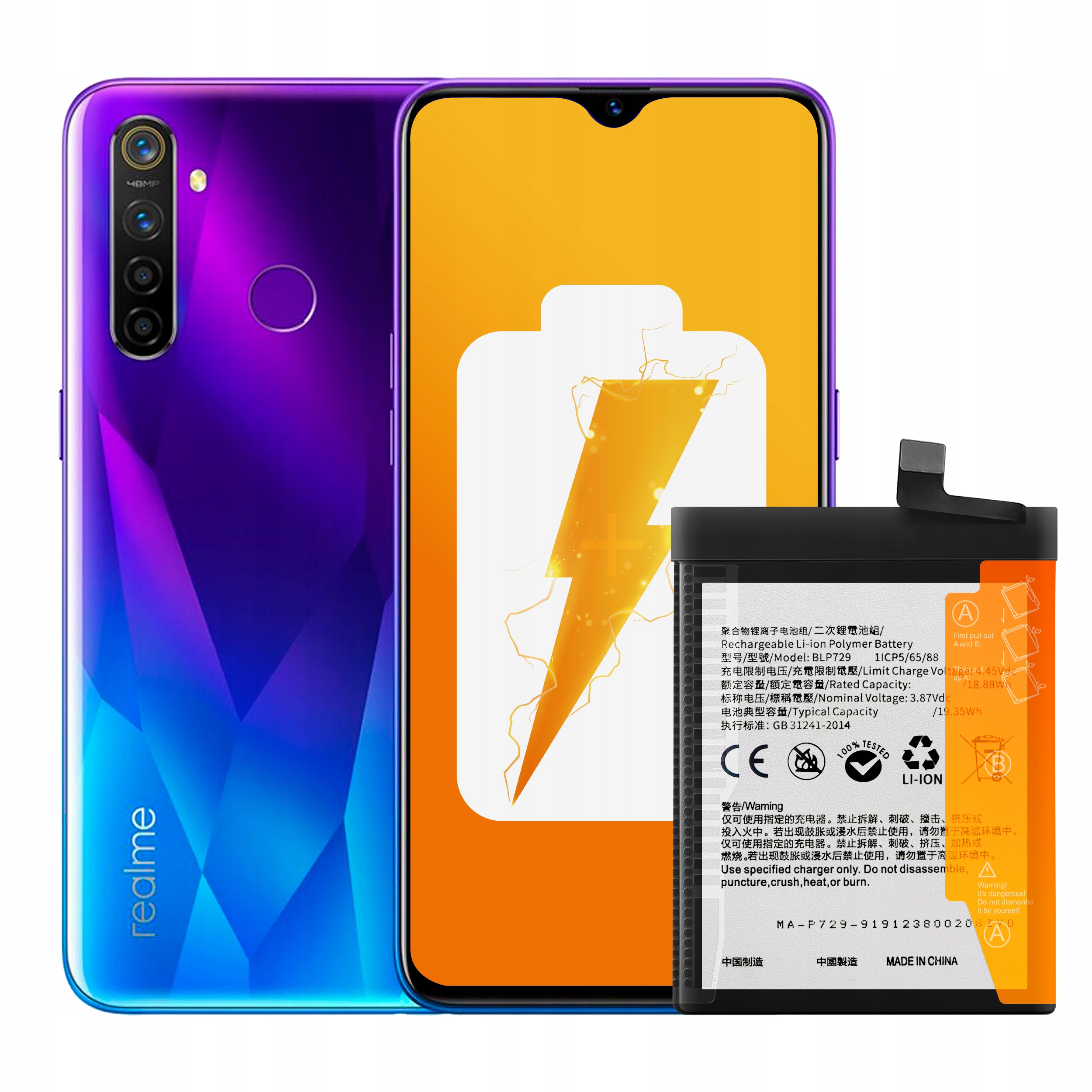 Bateria BLP729 do Realme 5, 5i, 5Pro, C11 (2021), C21, 5000 mAh, Zestaw
