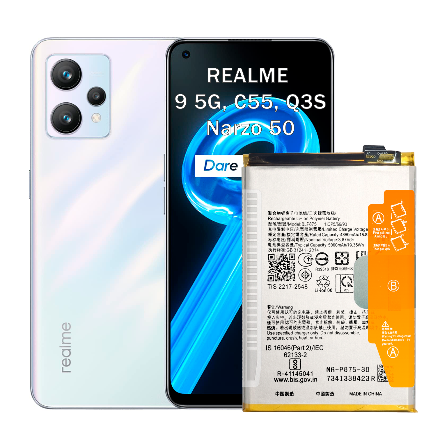 Bateria BLP875 do Realme 9 5G, C55 Q3S, Narzo 50 4G 5G, 5000 mAh Akumulator
