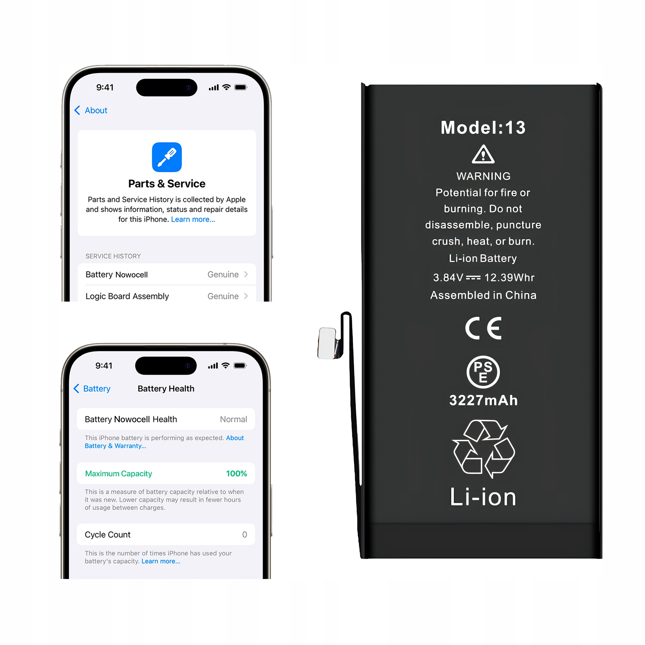 2 szt Bateria do iPhone 13 BEZ KOMUNIKATU 3227 mAh OEM Jakość Kondycja 100%