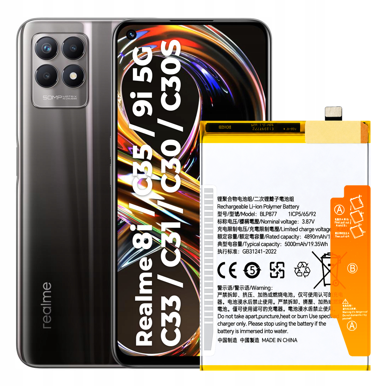 Bateria BLP877 do Realme 8i 9i C35 C31 C30 C33 V20 Narzo 50A Prime 5000 mAh