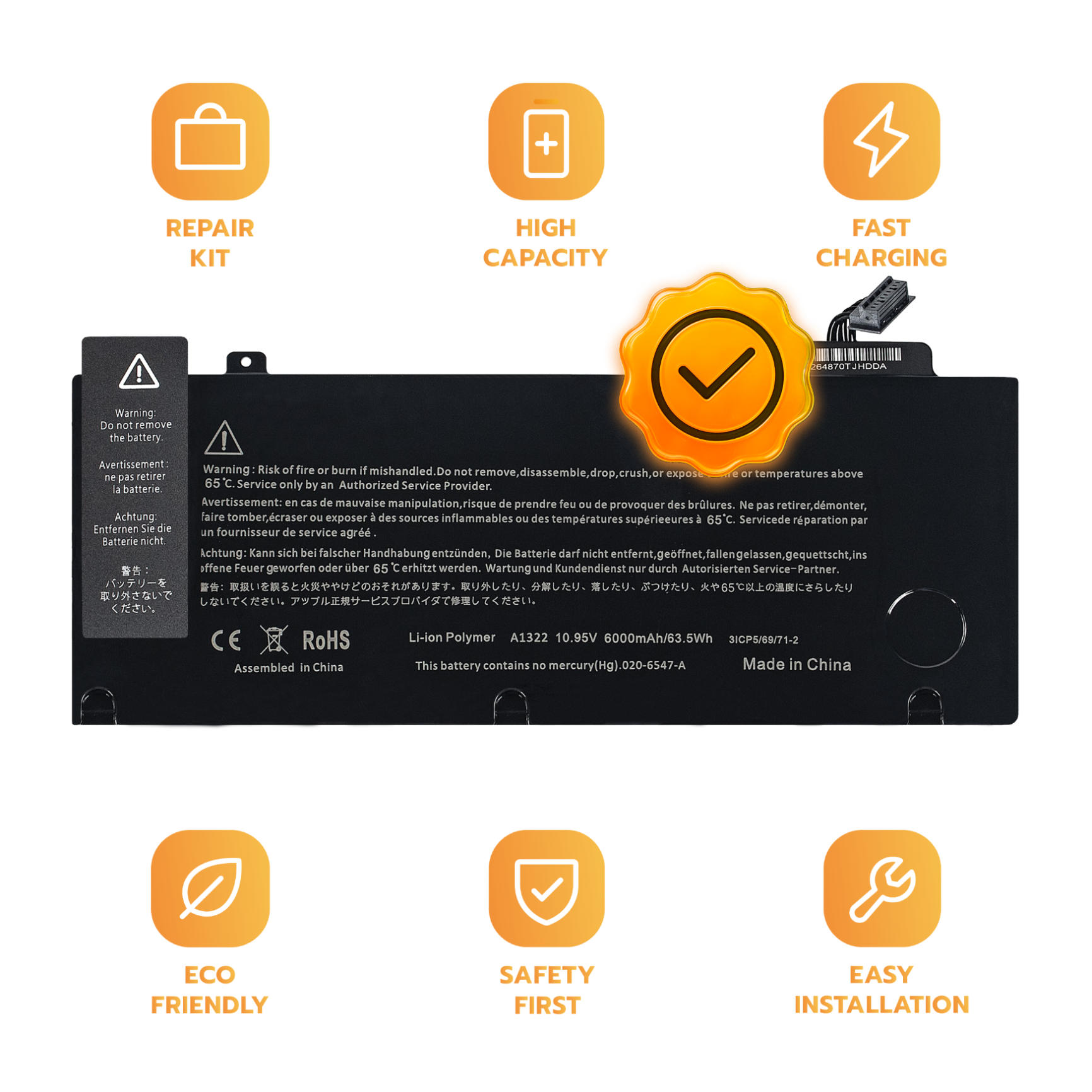 Bateria A1322 do MacBook Pro 13 A1278 2009-2012 63,5 Wh 10,95 V 6000 mAh